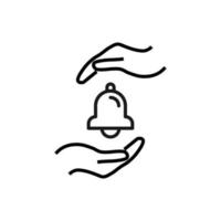 Support and gift signs. Minimalistic isolated vector image for web sites, shops, stores, adverts. Editable stroke. Vector line icon of bell between outstretched hands
