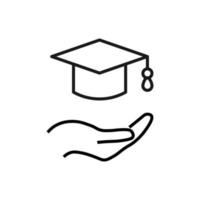 Support, present, charity signs. Monochrome symbol for web sites, stores, shops and other facilities. Editable stroke. Vector line icon of university cap over outstretched hand