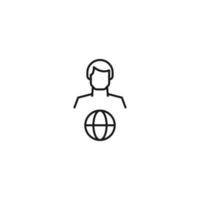 Monochrome sign drawn with black thin line. Modern vector symbol perfect for sites, apps, books, banners etc. Line icon of earth or globe next to faceless man