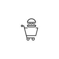 Selling, purchase, shopping concept. Vector sign suitable for web sites, stores, shops, articles, books. Editable stroke. Line icon of hamburger in shopping cart