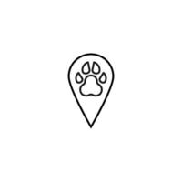 Vector symbol drawn with black thin line. Simple monochrome sign perfect for articles, books, stores, shops. Line icon of paw or cat or dog inside of geolocation sign