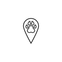 Vector symbol drawn with black thin line. Simple monochrome sign perfect for articles, books, stores, shops. Line icon of paw or cat or dog inside of geolocation sign