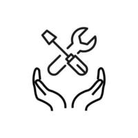 Support, present and charity concept. Modern vector sign drawn with black thin line. Editable stroke. Vector line icon of screwdriver and wrench over outstretched hands