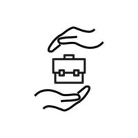 Support and gift signs. Minimalistic isolated vector image for web sites, shops, stores, adverts. Editable stroke. Vector line icon of business suitcase between outstretched hands