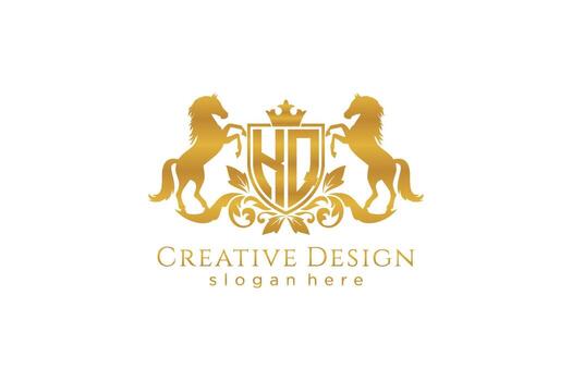 initial KQ Retro golden crest with shield and two horses, badge template with scrolls and royal crown - perfect for luxurious branding projects vector