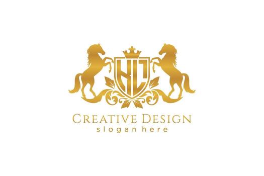 initial KL Retro golden crest with shield and two horses, badge template with scrolls and royal crown - perfect for luxurious branding projects vector