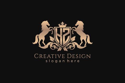 initial KZ Retro golden crest with shield and two horses, badge template with scrolls and royal crown - perfect for luxurious branding projects vector