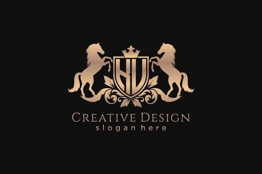 initial KU Retro golden crest with shield and two horses, badge template with scrolls and royal crown - perfect for luxurious branding projects vector