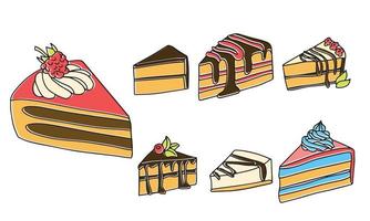 Set of delicious piece of cake. Hand draw color line art vector illustration. Sweet desert. Happy birthday