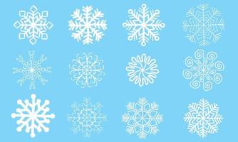 conjunto de copos de nieve blancos aislados sobre fondo azul. dibujar a mano ilustración vectorial. elementos de invierno de navidad vector