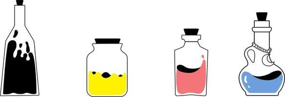 Alchemy vector illustration of a set of bottles with magic potions, a magic jar with crystal.