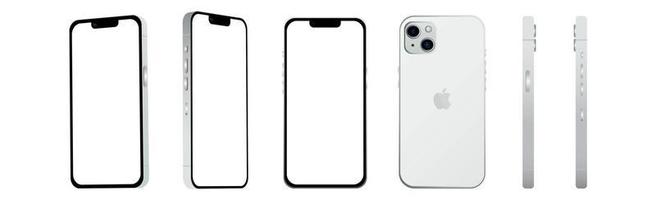 conjunto de 6 piezas desde diferentes ángulos, smartphone blanco modelo apple iphone 14, nueva industria de ti, maqueta para diseño web sobre un fondo blanco - vector