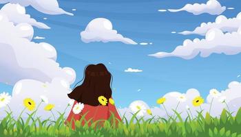 chica relajándose en la hierba y mirando la ilustración de vector de paisaje de cielo azul
