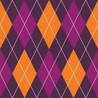 Halloween Argyle Plaid seamless pattern in orange and violet rhombuses. Traditional Scottish background of diamonds. Vector illustration