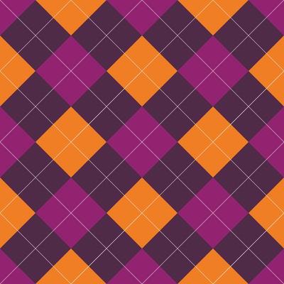 Halloween Argyle Plaid. Scottish seamless pattern in orange and purple rhombuses. Scottish cage vector illustration.
