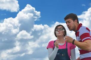 romantic young couple in love together outdoor photo