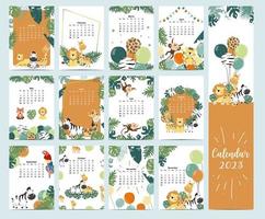 Doodle safari animal calendar set 2020 with giraffe,fox,lion,monkey for children vector