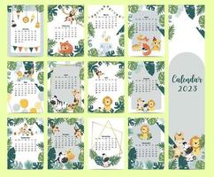 Doodle safari animal calendar set 2020 with giraffe,fox,lion,monkey for children vector
