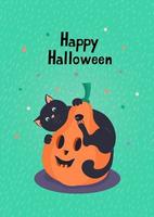 Happy Halloween greeting card with cute black kitten and jack-o-lantern pumpkin. Hand drawn lettering and vector illustration