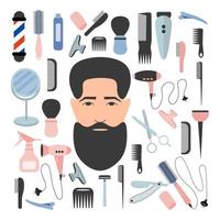 Peluquería herramientas de peluquería gran conjunto de vectores. pegatina de estilo plano equipo de barbería para hombres.