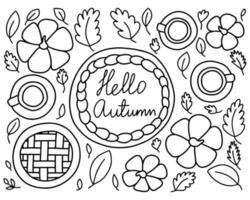 Hello autumn harvest dinner table top view coloring page. Pumpkins and pumpkin pie on table with dishes vector illustration.