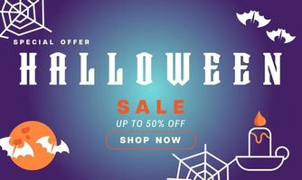 Halloween Horizontal Sale, Discount Banner. Email marketing web banner. Black background banner with Spider, spider web, Halloween typography and calligraphy. Dark black banner illustration. vector
