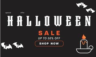 venta horizontal de halloween, banner de descuento. banner web de marketing por correo electrónico. banner de fondo negro con araña, telaraña, tipografía de halloween y caligrafía. ilustración de banner negro oscuro. vector