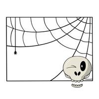 Square decorative frame with cobwebs, skull smiles and winks, copy space, vector illustration in cartoon style