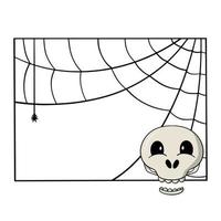 Square decorative frame with spider web, laughing skull, copy space, vector illustration in cartoon style