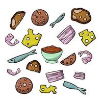 un conjunto de iconos de colores, ingredientes de cocina, pescado pequeño, camarones, trozos de salchicha, tocino y queso, ilustración vectorial en estilo de dibujos animados sobre un fondo blanco vector