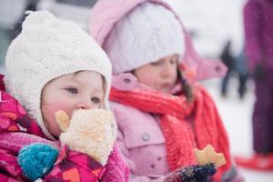 portrait of two little girls sitting together on sledges photo