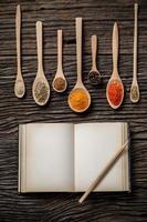 Herbs and spices and the spoon and the book top view with copy space on the wooden table photo