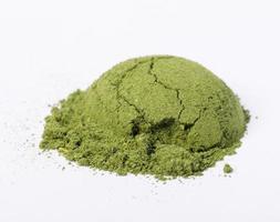 Heap of matcha green tea powder isolated on white background, Organic product from the nature for healthy with traditional style photo