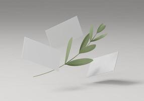 Minimal business cards mockup with leafs isolate on white background, copy space for your design, 3d rendering studio photo