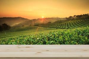 Empty wooden table with view of mountain or wooden desk with plantation nature with bokeh background, copy space for your text photo