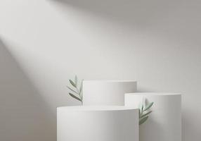 Cosmetic round podium or pedestal with leafs on white background, Abstract product display podium, 3d rendering studio with geometric shapes, Cosmetic product minimal scene with platform photo