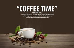 Hot coffee cup with fresh organic red coffee beans and coffee roasts on the wooden table and the black background with copyspace for your text. photo