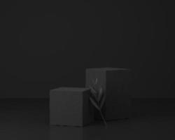 maqueta de exhibición de escenario de podio de piedra negra para presentación de producto decorada con lindas hojas tropicales, estudio de renderizado 3d para escena mínima de producto cosmético con plataforma foto