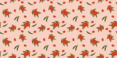 Sea buckthorn seamless pattern. Beautiful vector seamless pattern with orange berry. Suitable for wallpapers, web page backgrounds, surface textures, textiles.