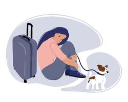 Sad or upset young woman or girl is sitting with a suitcase and a dog. Evacuation with a pet. Resettlement during hostilities or states of emergency. vector