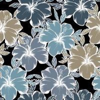Seamless pattern, blue and beige hibiscus flowers with white outline. Retro print, textile, background, vector