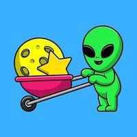 Cute Alien Bring Moon And Star With Trolley Cartoon Vector Icon Illustration. Flat Cartoon Concept