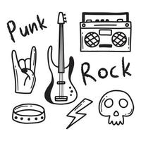 Rock n roll, punk music doodle set. Graffiti, tattoo hand drawn sticker, text, skull, heart, skate, gesture hand. Grunge rock vector illustration.