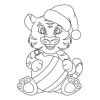 a tiger cub in a New Year's hat of Santa Claus is sitting with a New Year's toy ball, hand drawing, line vector