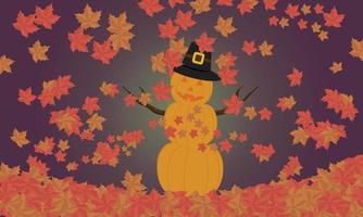 Fall background with falling Autumn leaves and a pumpkin pilgram vector