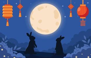 Mid-Autumn Festival Background With Rabbit and Moon Light vector