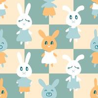 Retro seamless pattern with bunnies on checkered background. vector