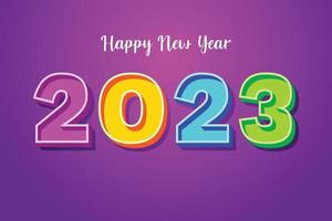 feliz año nuevo 2023 texto de diseño con tipografía 3d de color púrpura amarillo azul verde de 2023 vector