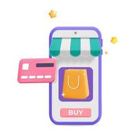 3d vector online shopping  and paying with mobile phone app  and credit card poster design