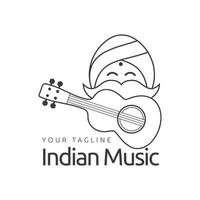 diseño de ilustración de dibujos animados del logotipo del hombre de cara sonriente indio, símbolo de guitarra, icono de vector de turbante circular